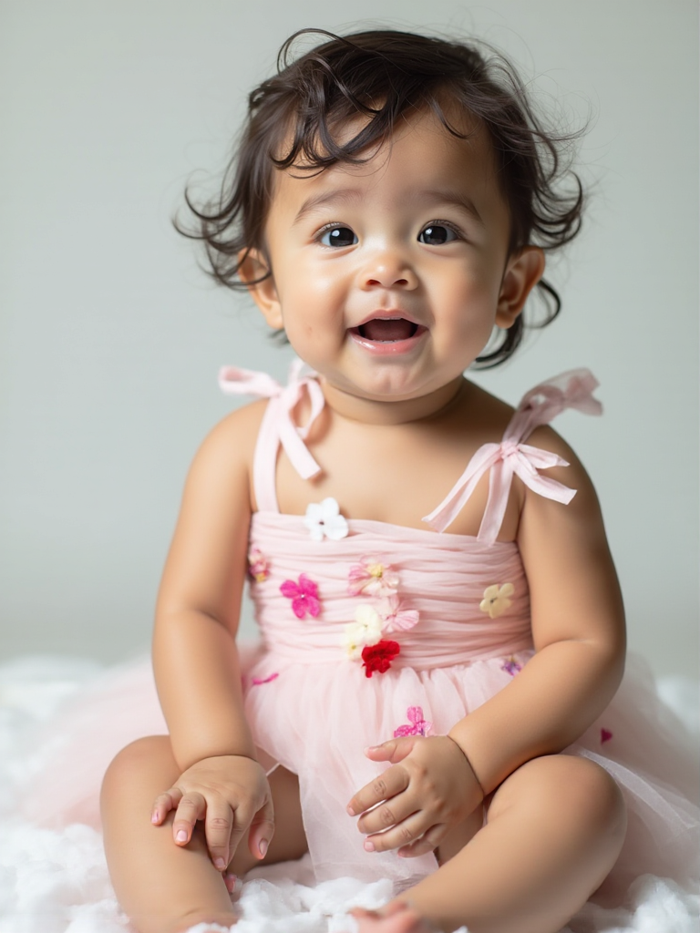 Baby in a pink dress with floral details sitting on a white surface.