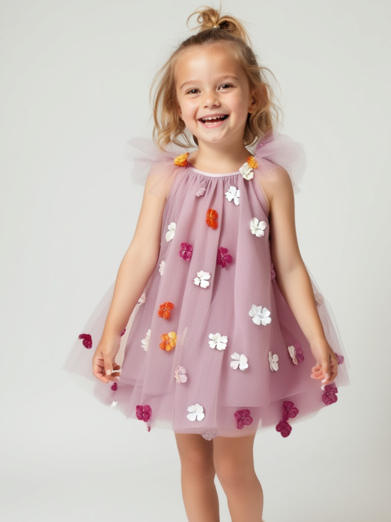 Young girl wearing a pink dress with floral embellishments on a white background