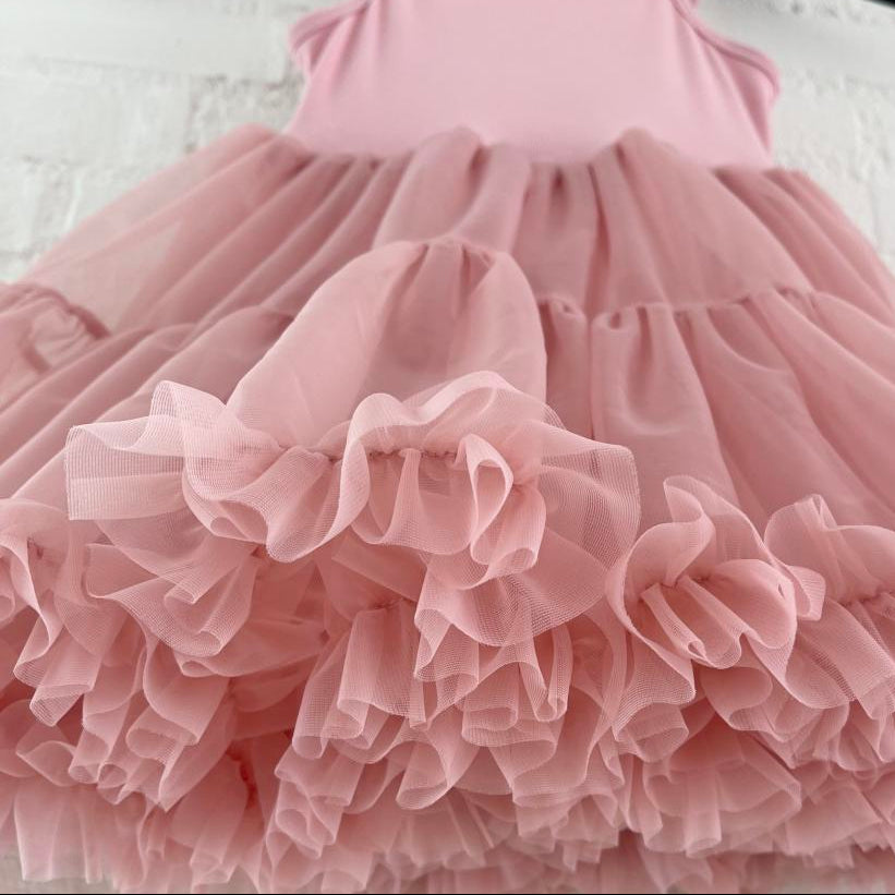 Close-up of a pink ruffled dress on a white background