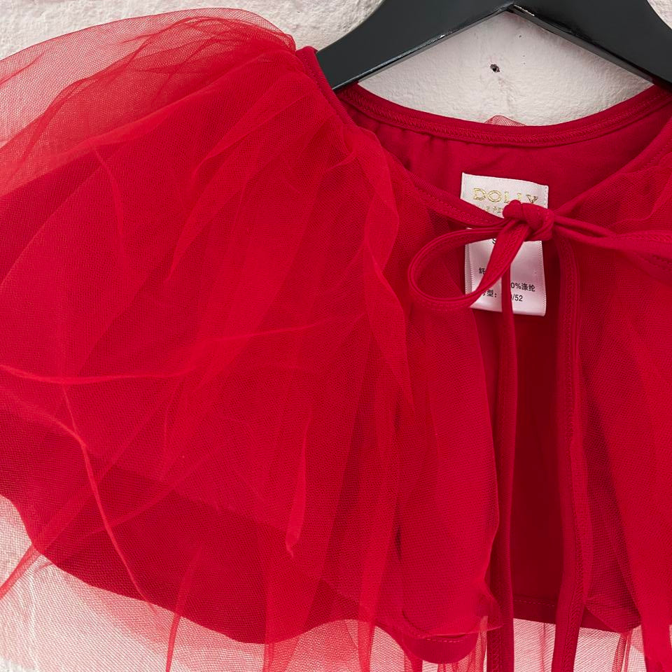 Red dress with sheer overlay on a hanger