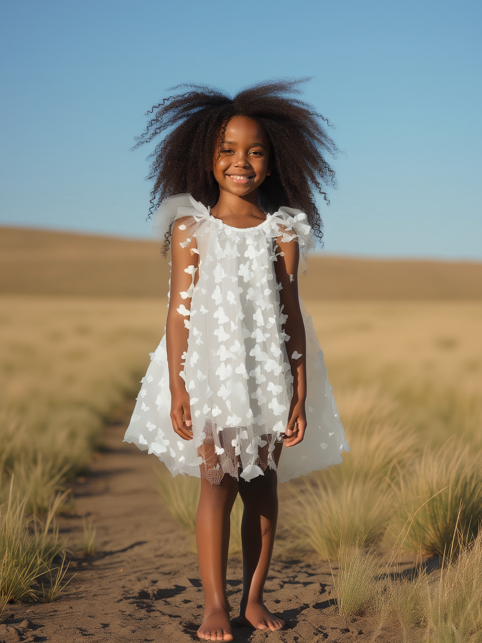 Young girl in a white dress standing in a desert landscape