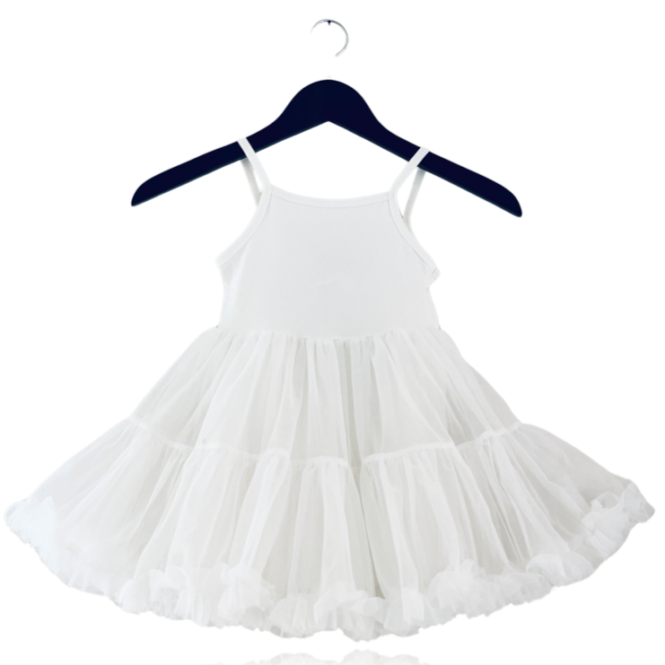 White dress on a hanger against a white background