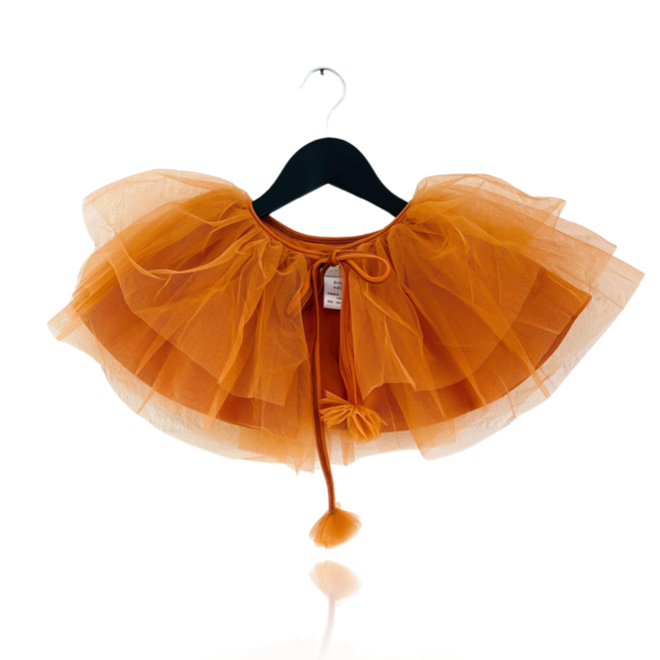 Orange tulle skirt on a hanger against a white background