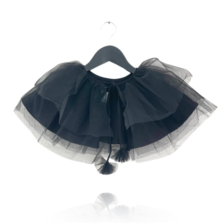 Black tulle skirt on a hanger against a white background