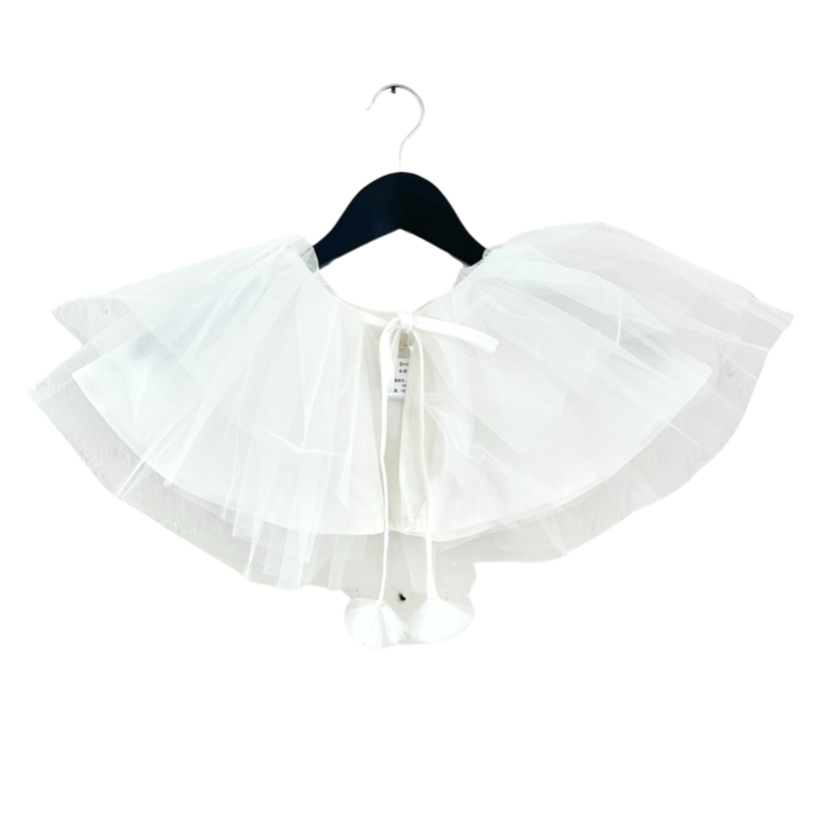 White tulle skirt on a hanger against a white background