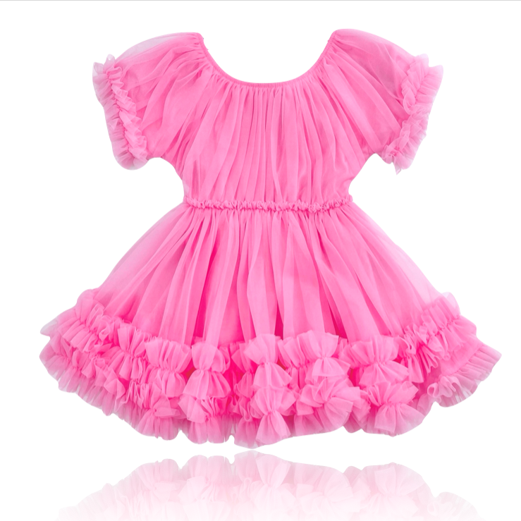 Pink dress with ruffled details on a white background