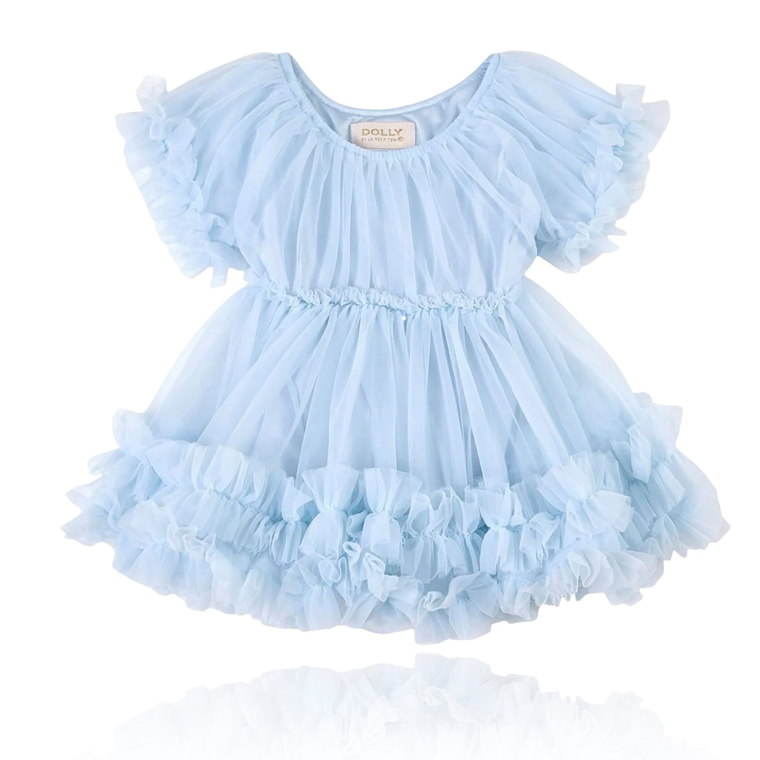 Light blue ruffled dress on a white background
