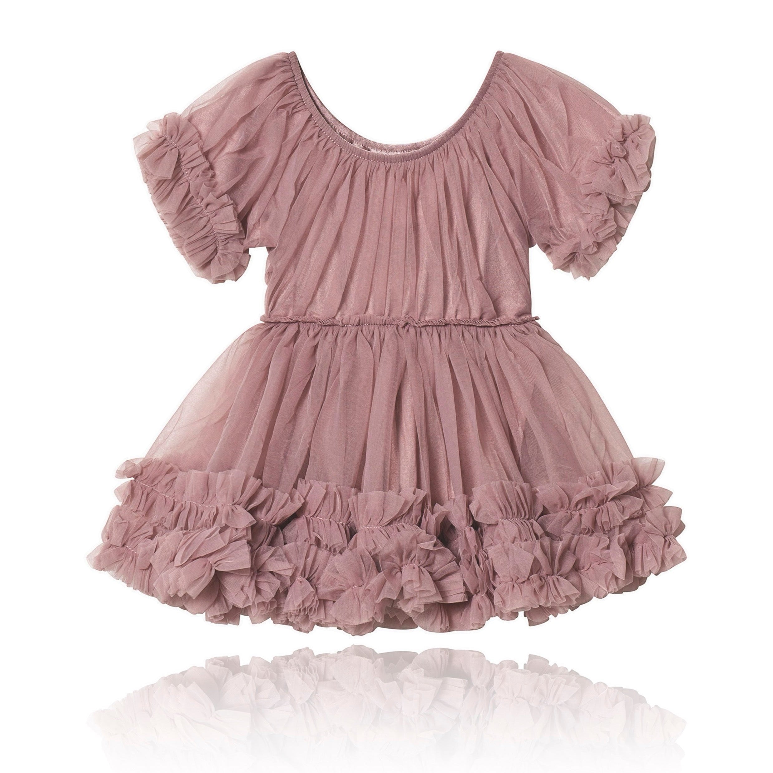 Pink ruffled dress on a white background