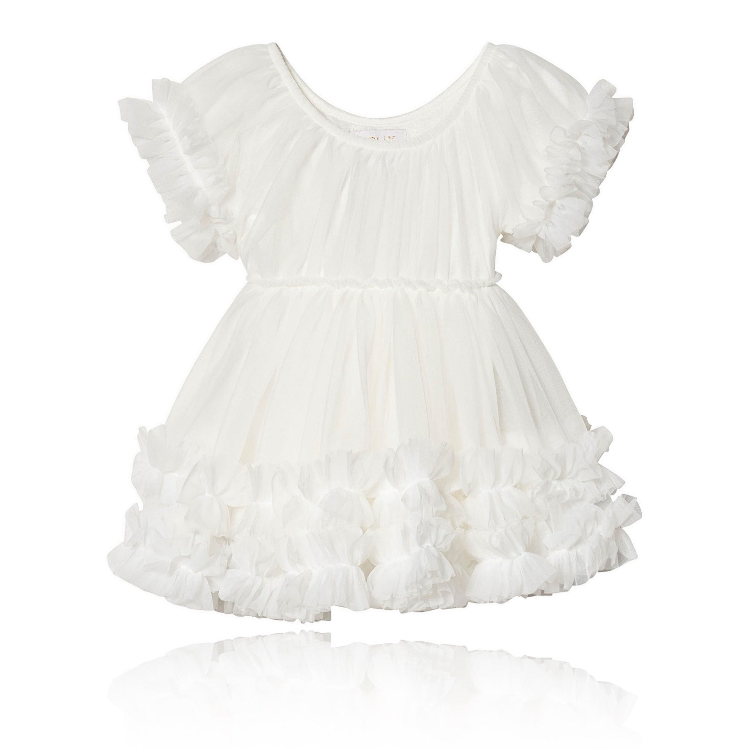 White ruffled dress on a white background