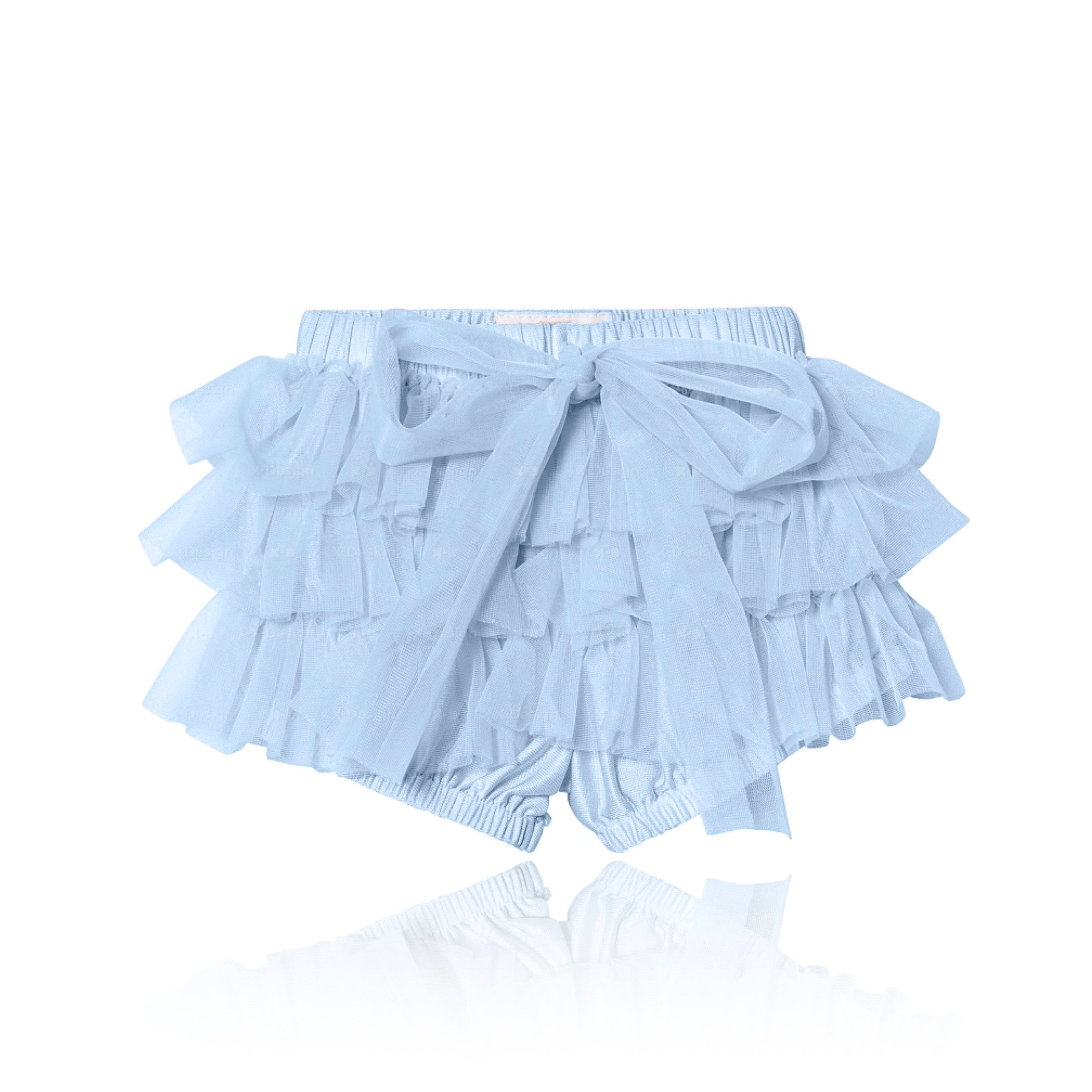 Light blue ruffled shorts with a bow on a white background