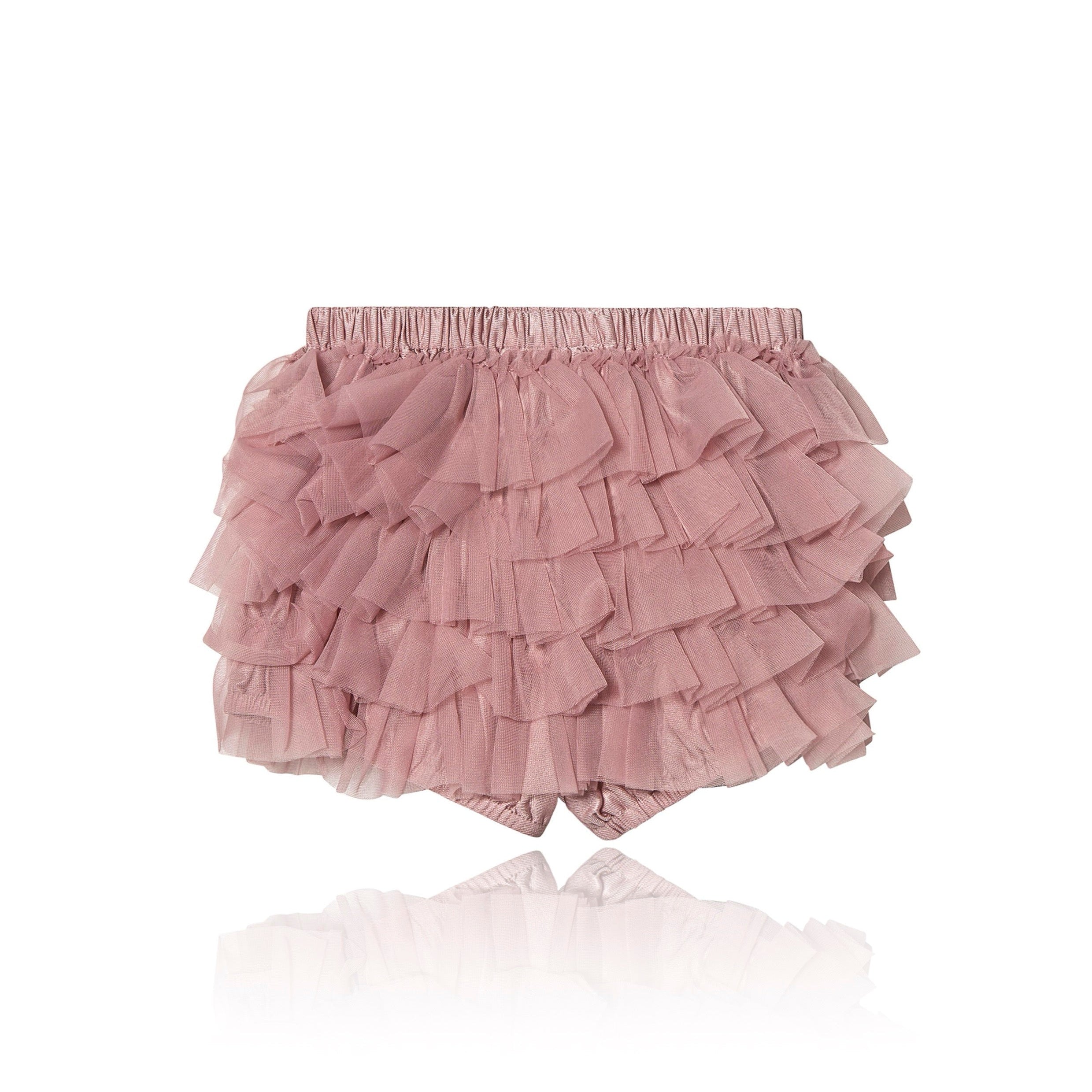 Pink ruffled bloomers on a white background