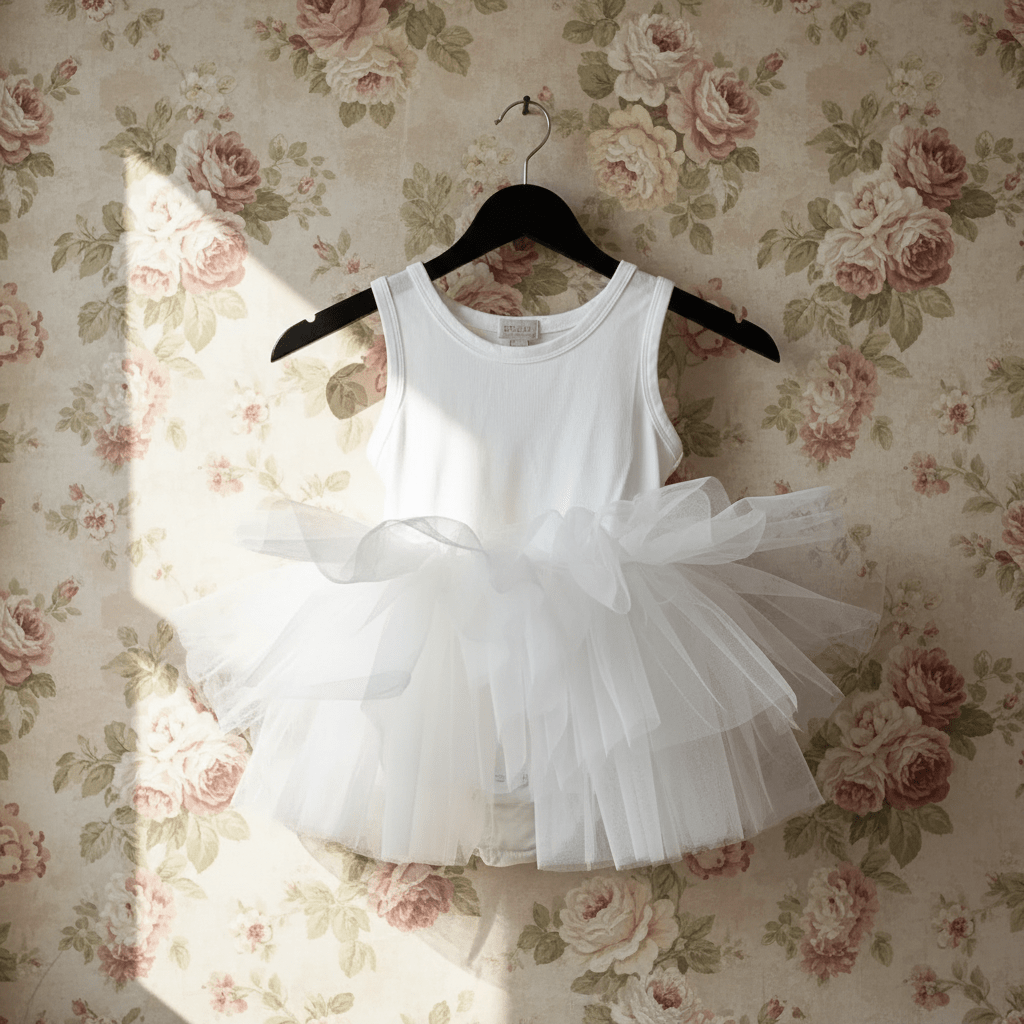 White dress with a tutu on a hanger against floral wallpaper