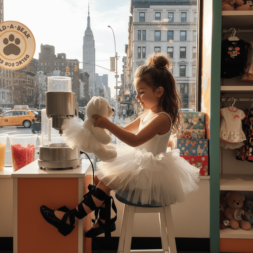 Child in a white dress holding a teddy bear in a toy store with cityscape outside