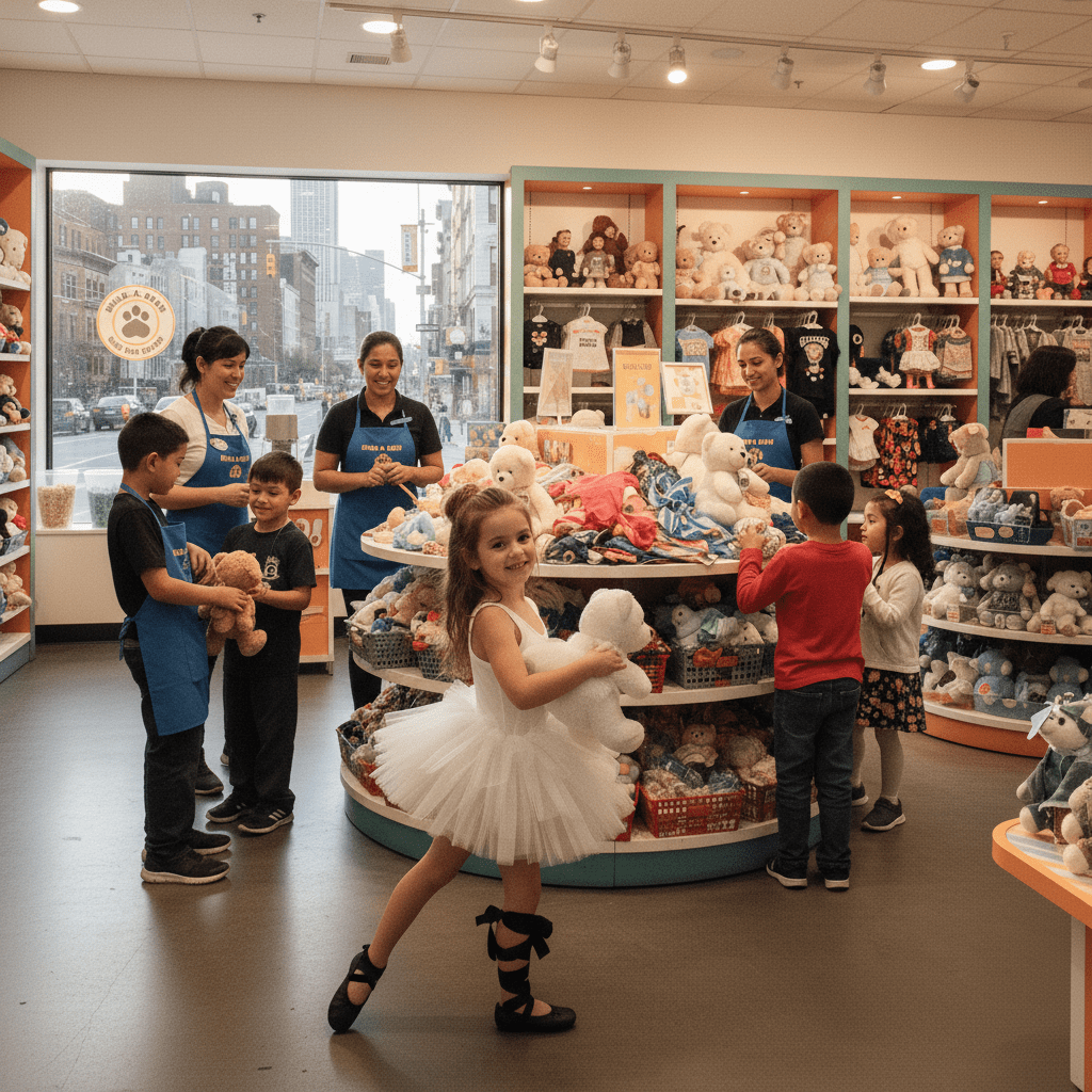 Children and staff in a toy store with shelves of stuffed animals.