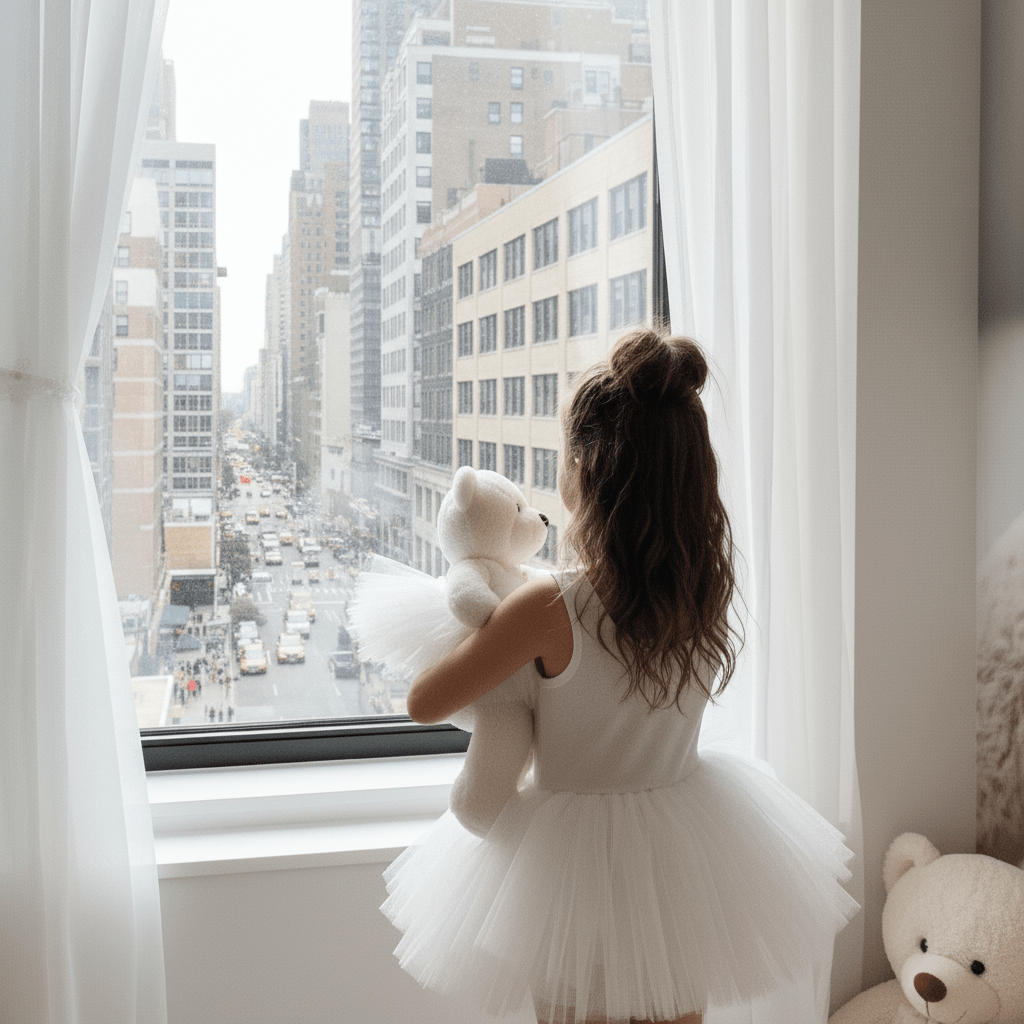 Child in a white dress holding a teddy bear, looking out a city window.