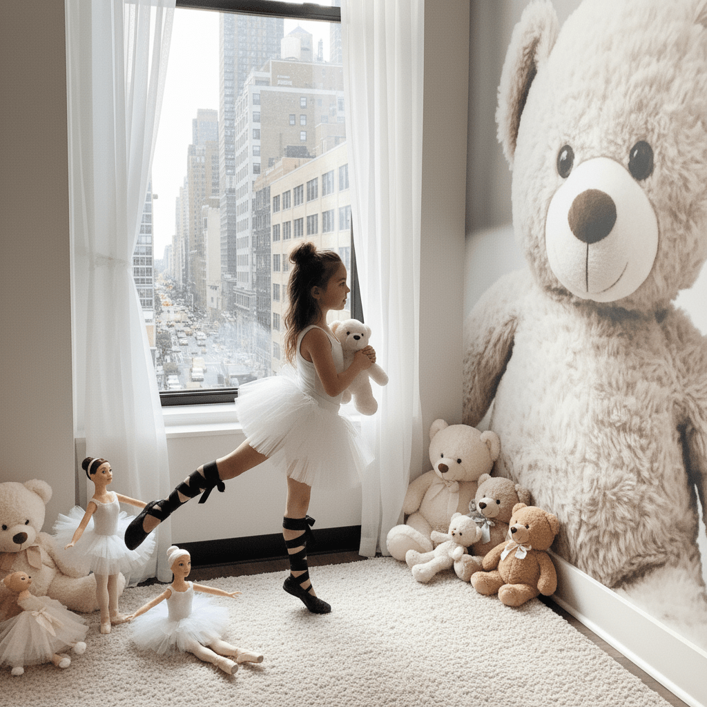 Child in a tutu playing with teddy bears near a large teddy bear by a window with cityscape view.