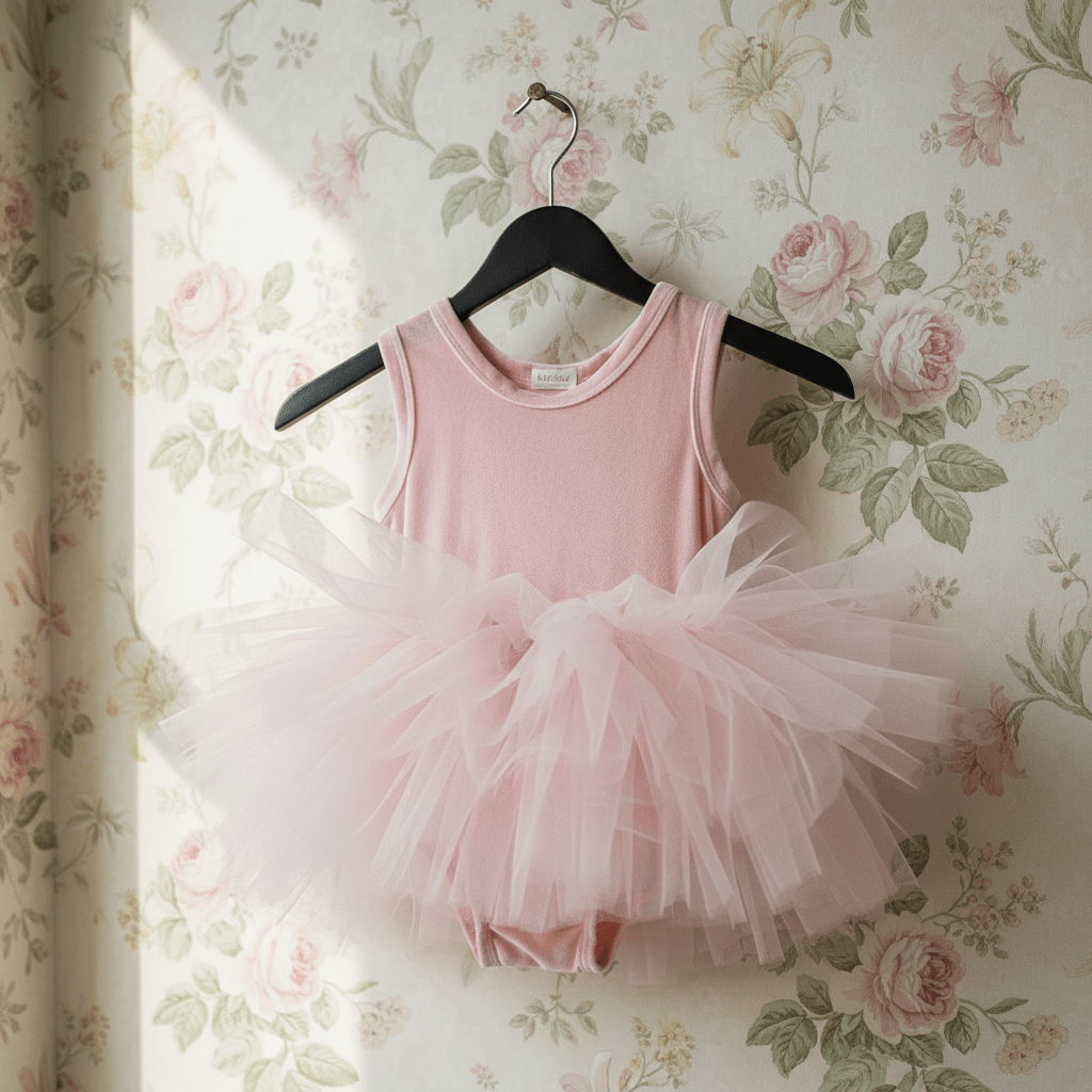 Pink tutu dress on a hanger against a floral wallpaper background