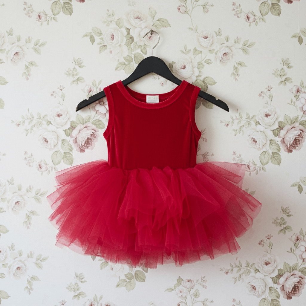 Red tutu dress on a hanger against a floral wallpaper background