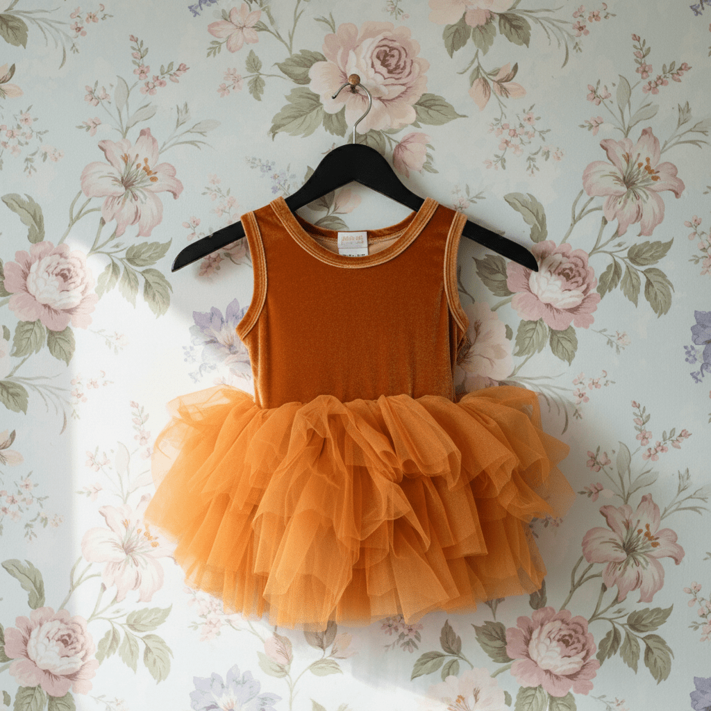 Orange tutu dress on a hanger against a floral wallpaper background