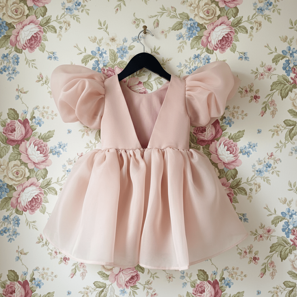 Pink dress with puff sleeves on a hanger against a floral wallpaper background