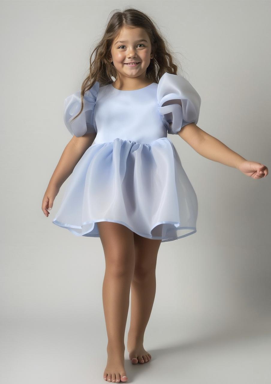 DOLLY V-BACK PUFF SLEEVE ORGANZA TUTU DRESS light blue