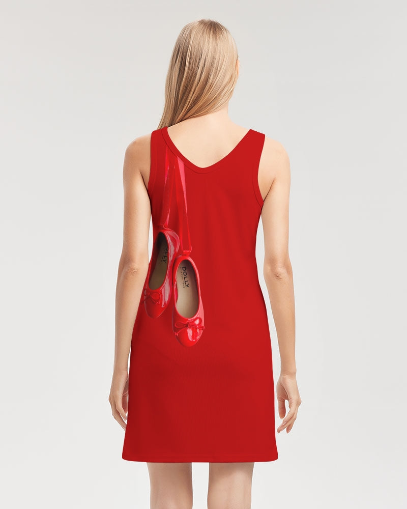 DANCE WITH DOLLY WITH RED BALLERINAS Women's Rib Knit V Neck Mini Dres