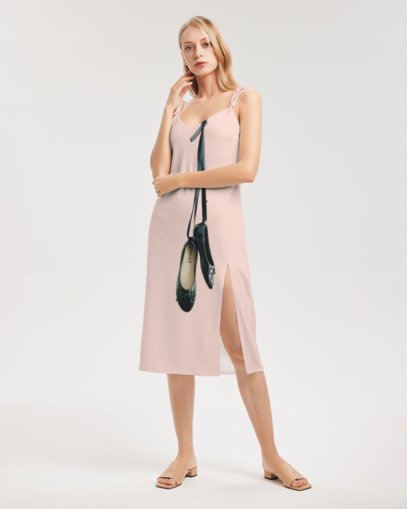 DOLLY BLACK BALLERINAS Women's Tie Strap Split Dress ballet pink