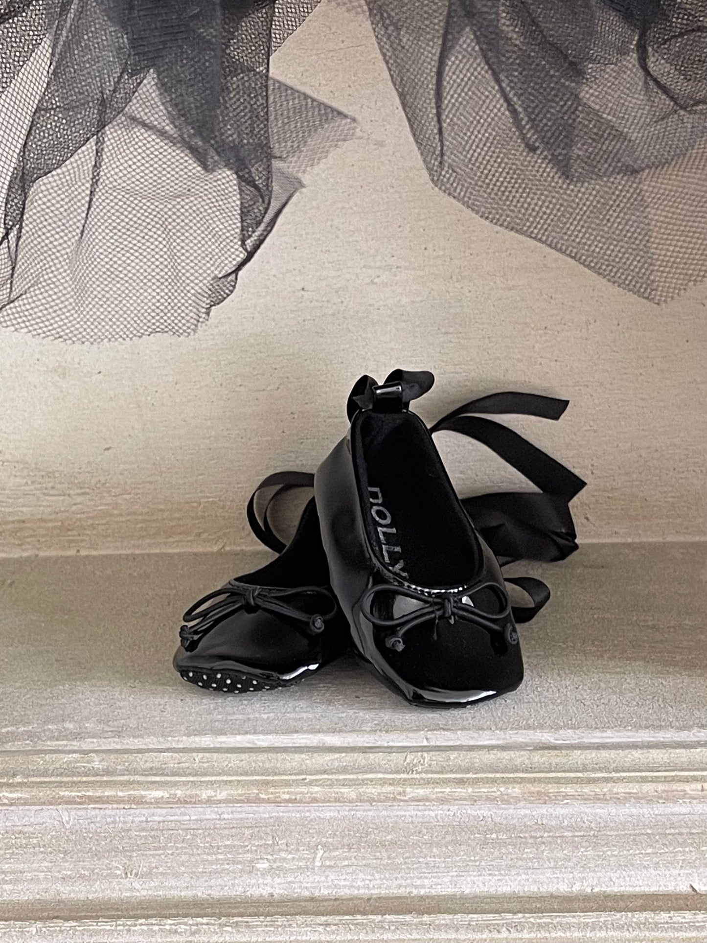 DOLLY by Le Petit Tom ® BABY BALLERINAS WITH RIBBONS black