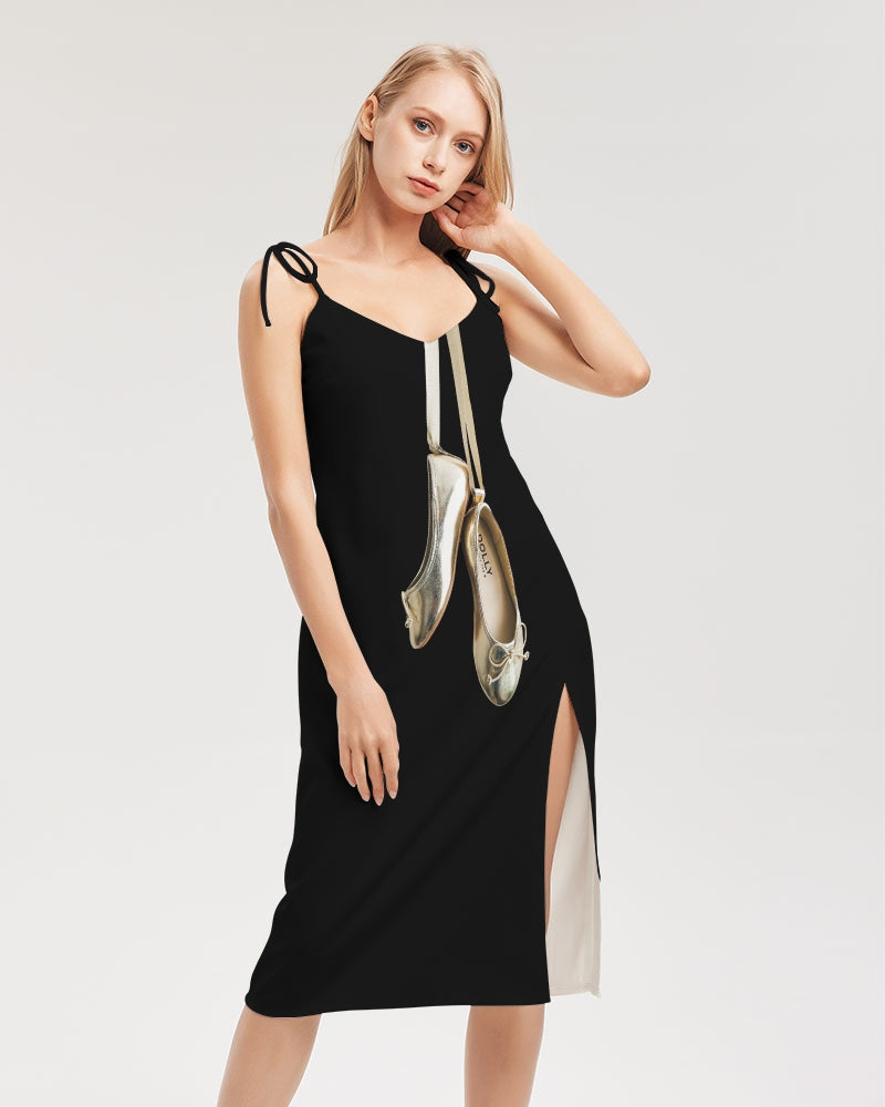 DOLLY GOLD BALLERINAS Women's Tie Strap Split Dress black