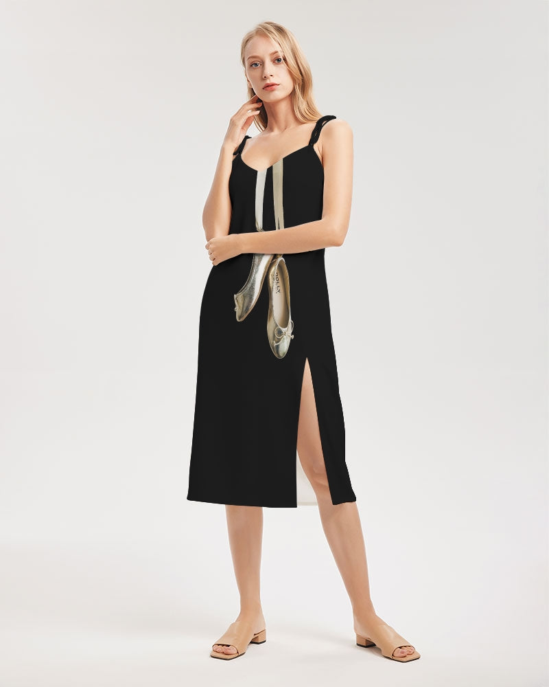 DOLLY GOLD BALLERINAS Women's Tie Strap Split Dress black