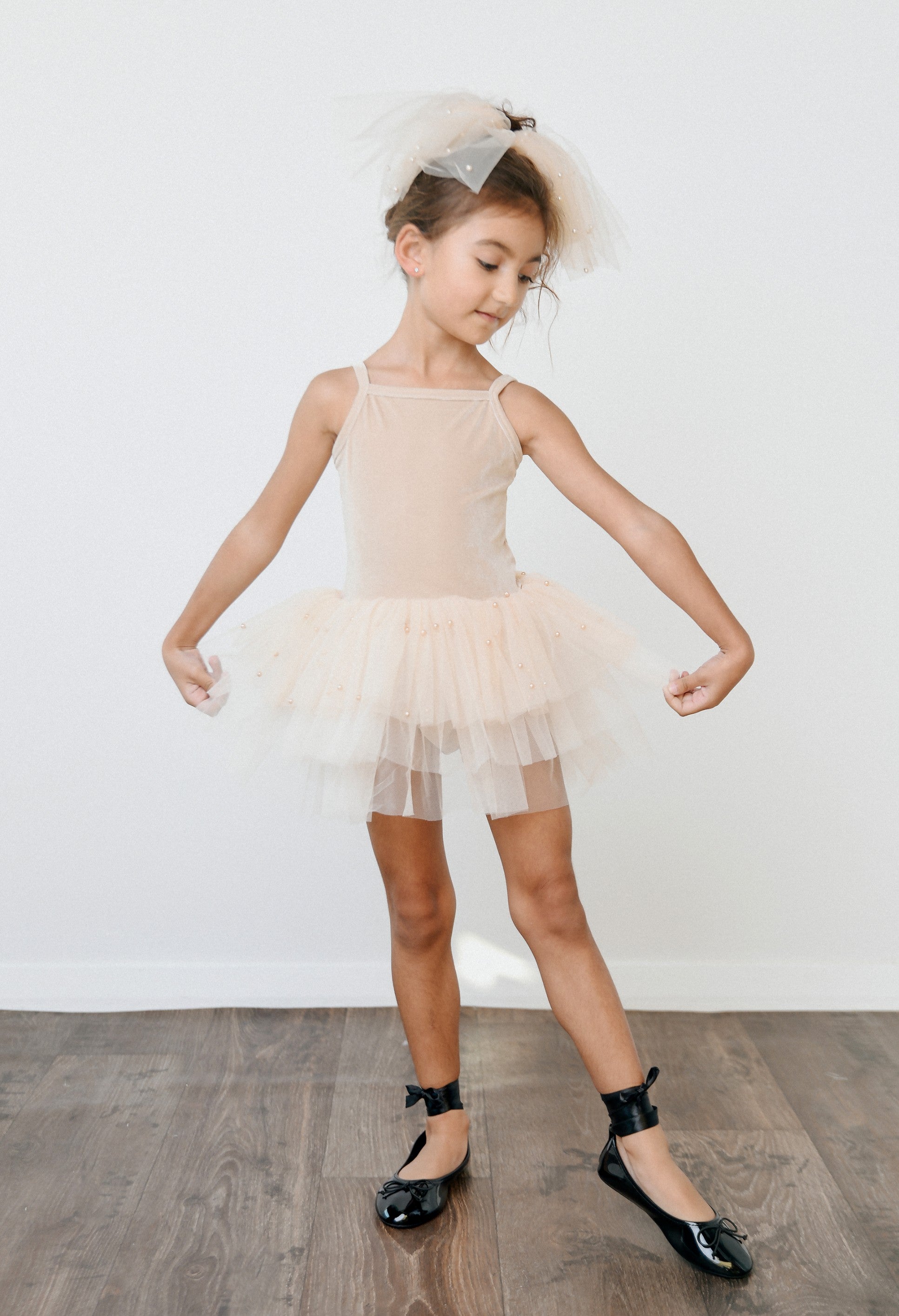 DOLLY® VELVET LEOTARD ROMPER WITH PEARL TULLE cream ⚪