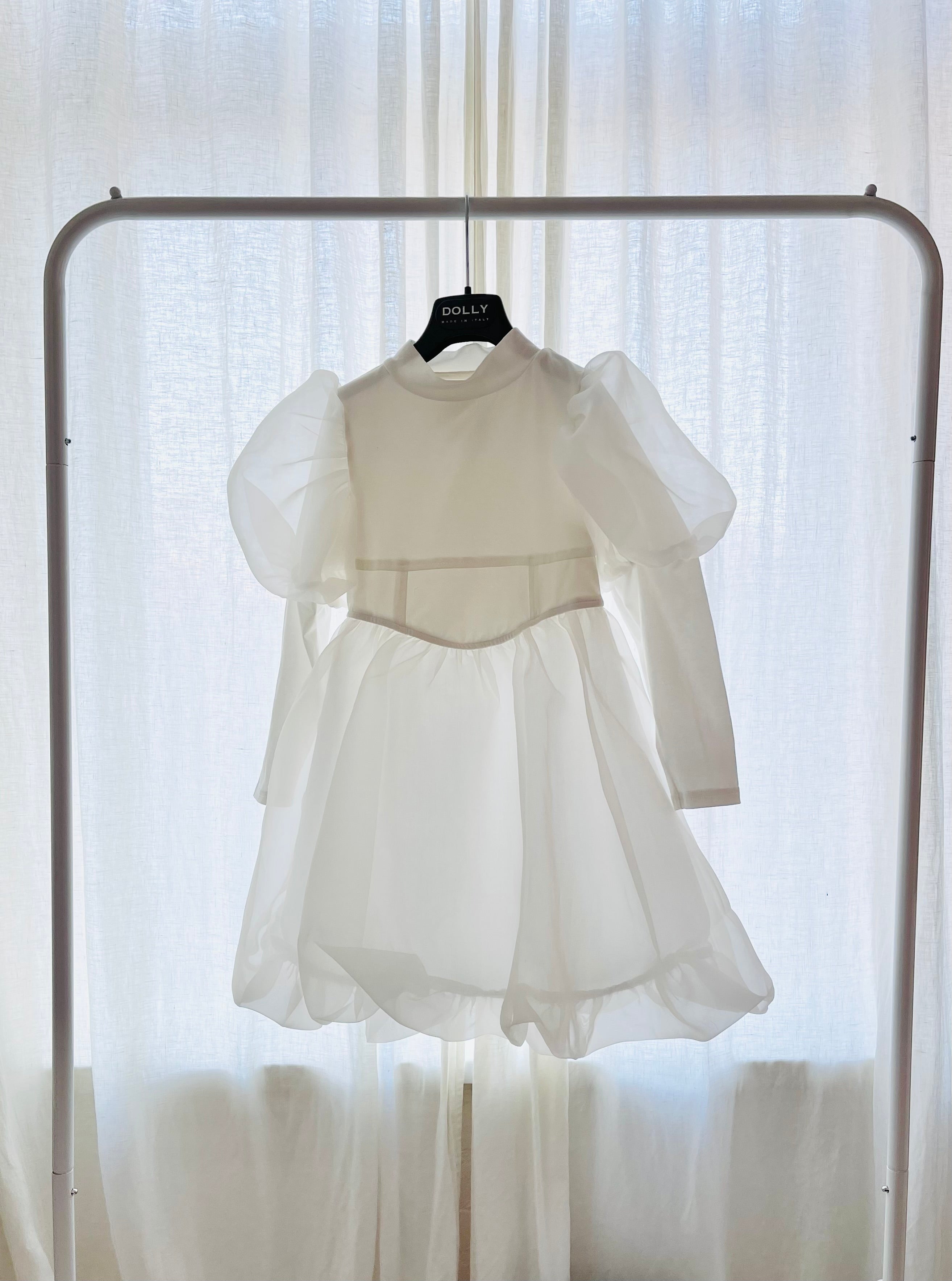 DOLLY WORLD PUFF LONG SLEEVE BALLOON ORGANZA DRESS WITH COTTON BODY white