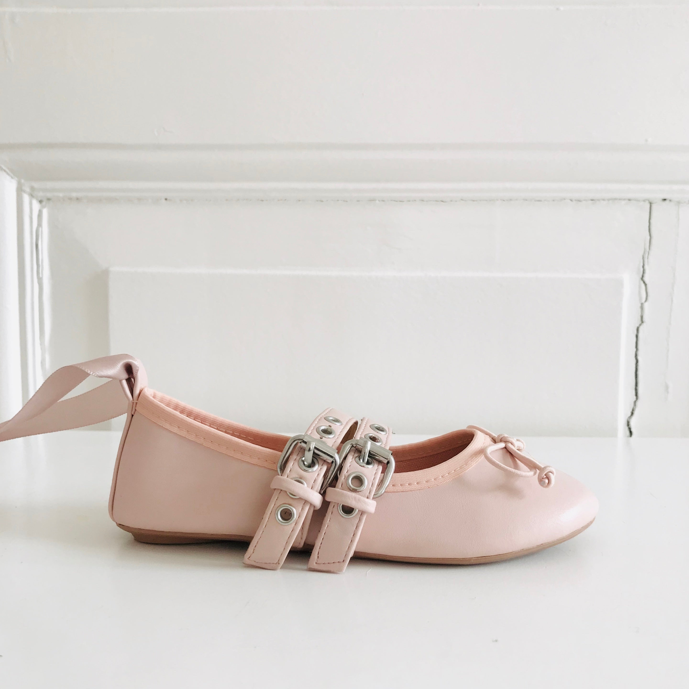 DOLLY MARY JANES BUCKLE BELT BALLERINAS WITH RIBBONS ( Including FREE Buckle Waist Belt!) pink