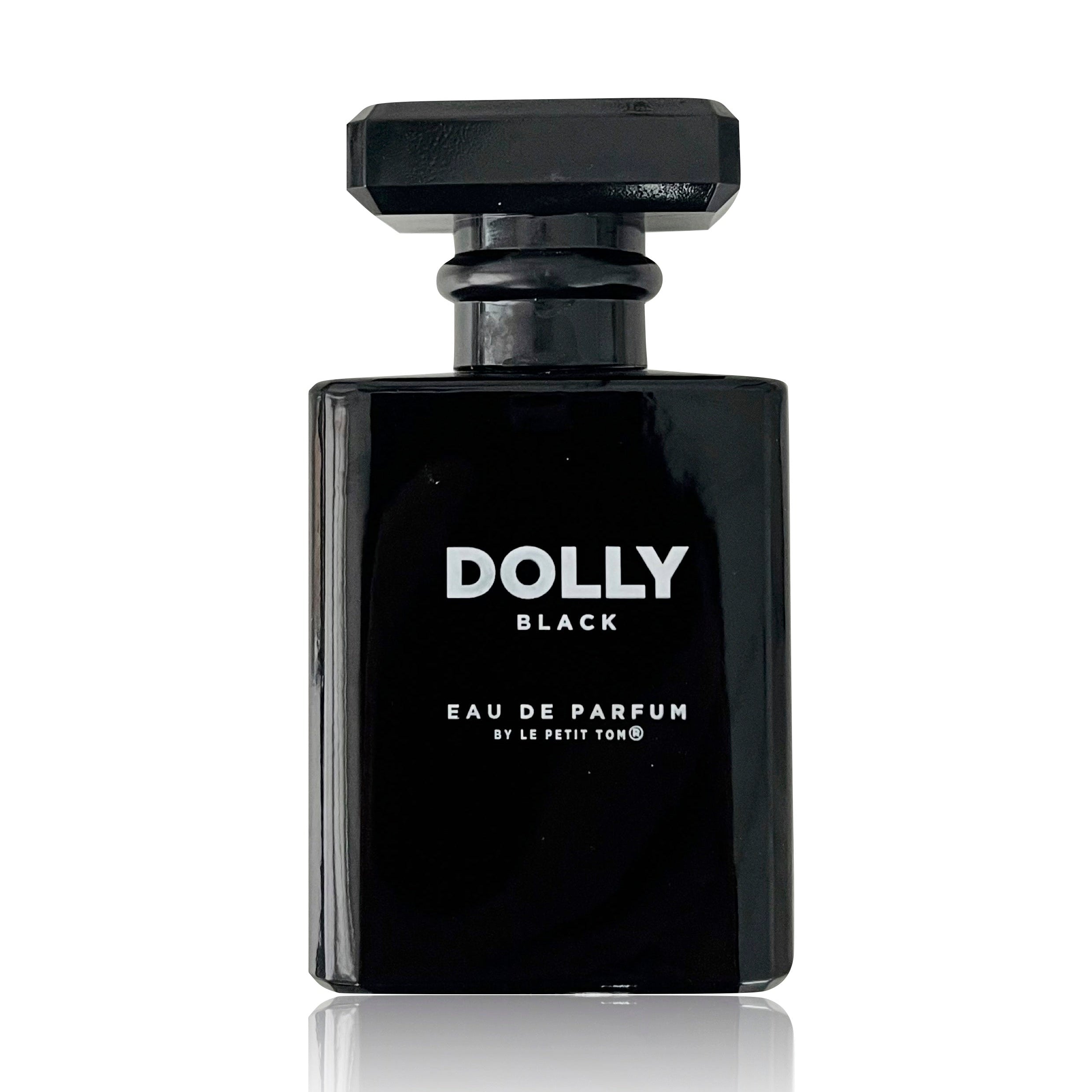 A black perfume bottle with the label 'DOLLY BLACK EAU DE PARFUM' against a white background.