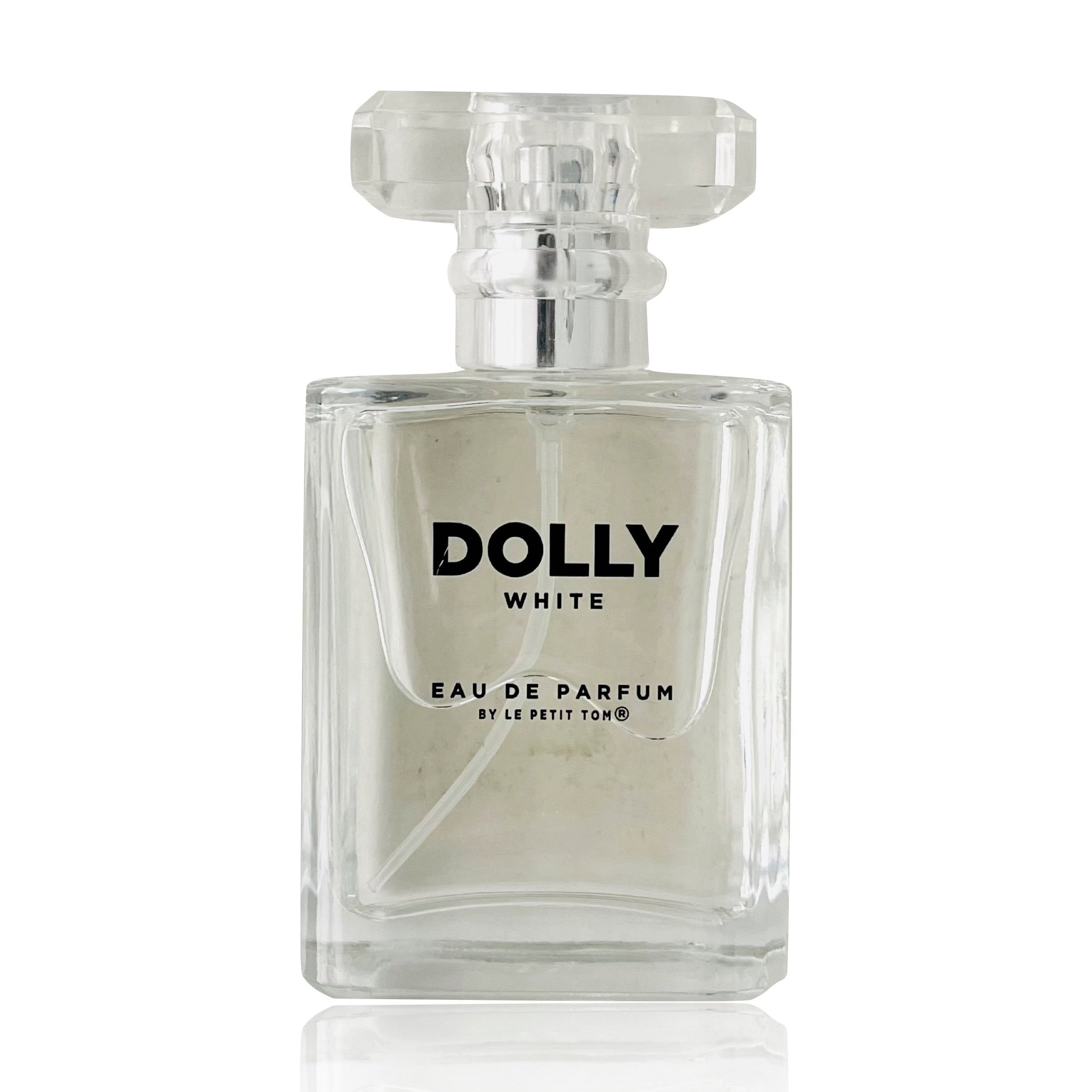 A clear glass bottle of DOLLY White Eau de Parfum with a white label and a clear, floral-shaped cap.