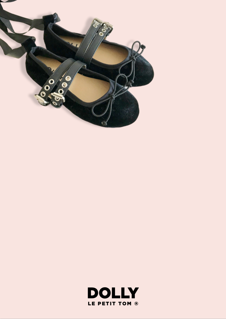 DOLLY VELVET BUCKLE BELT MARY JANES BALLERINAS WITH RIBBONS ( Including FREE Buckle Belt!) black