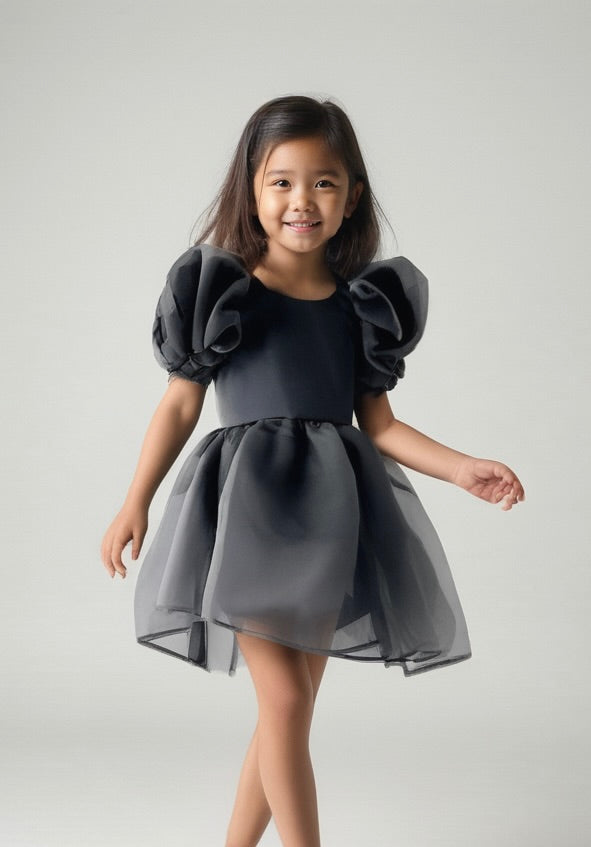 DOLLY V-BACK PUFF SLEEVE ORGANZA TUTU DRESS black