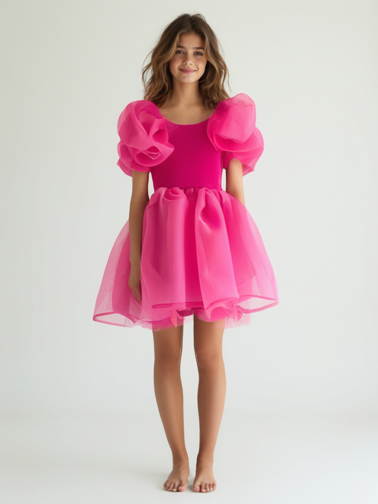 DOLLY V-BACK PUFF SLEEVE ORGANZA TUTU DRESS barbiepink