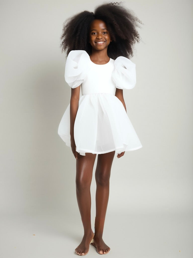 DOLLY WORLD V-BACK PUFF SLEEVE ORGANZA TUTU DRESS white
