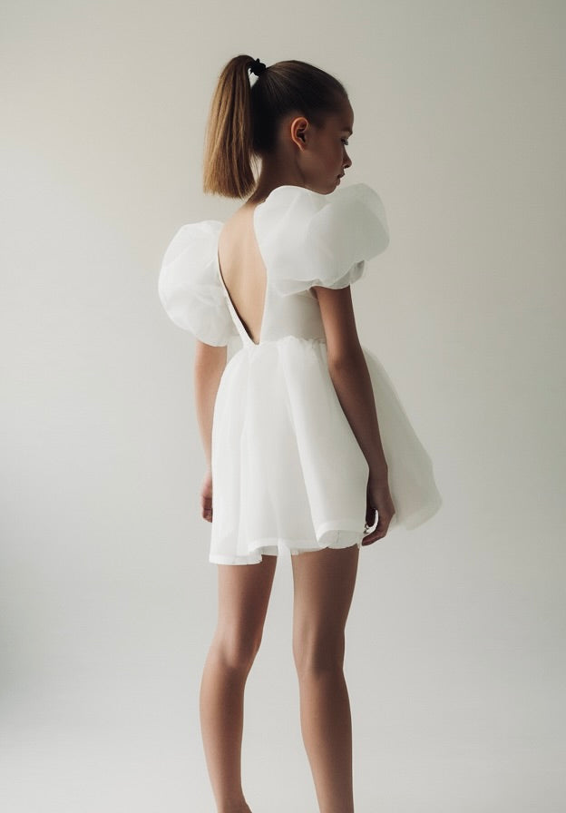 DOLLY WORLD V-BACK PUFF SLEEVE ORGANZA TUTU DRESS white