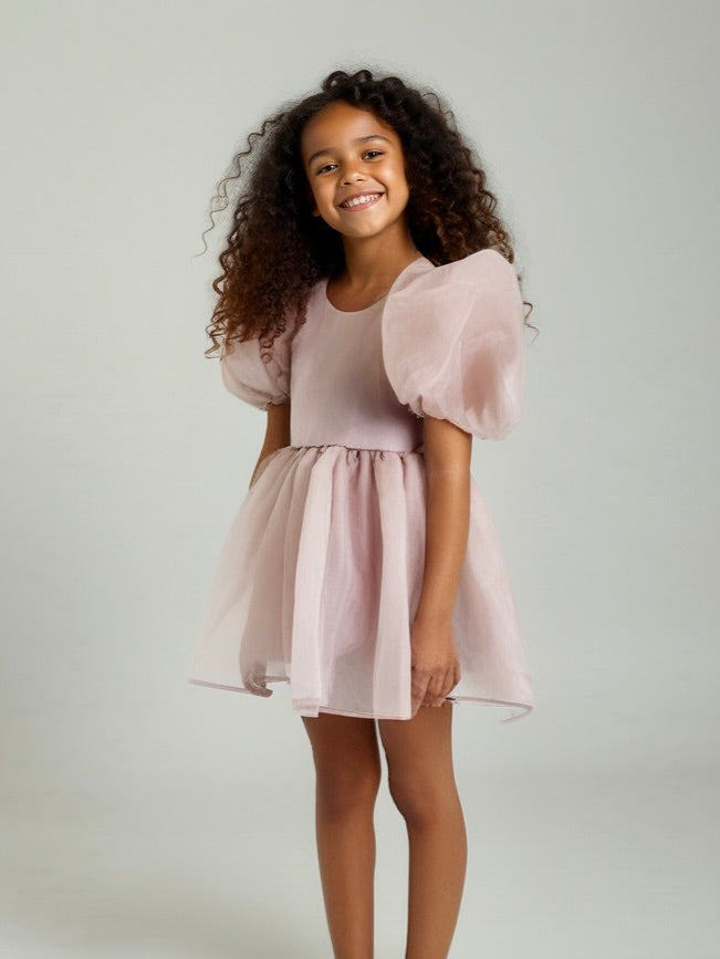 DOLLY V-BACK PUFF SLEEVE ORGANZA TUTU DRESS mauve