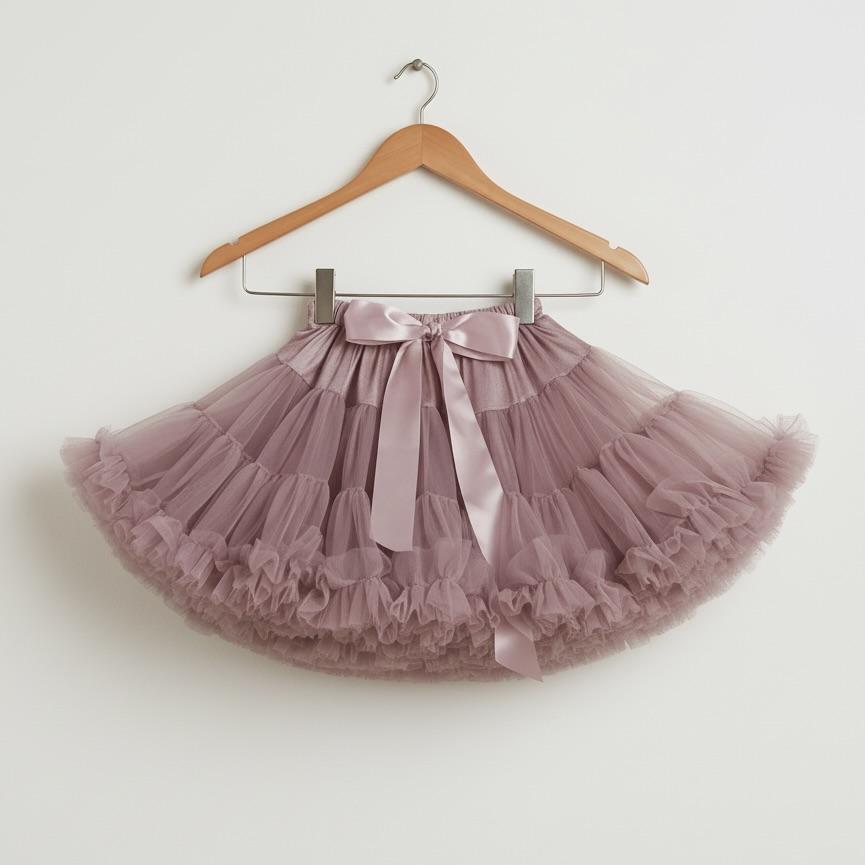 Pink tutu skirt on a wooden hanger against a white background
