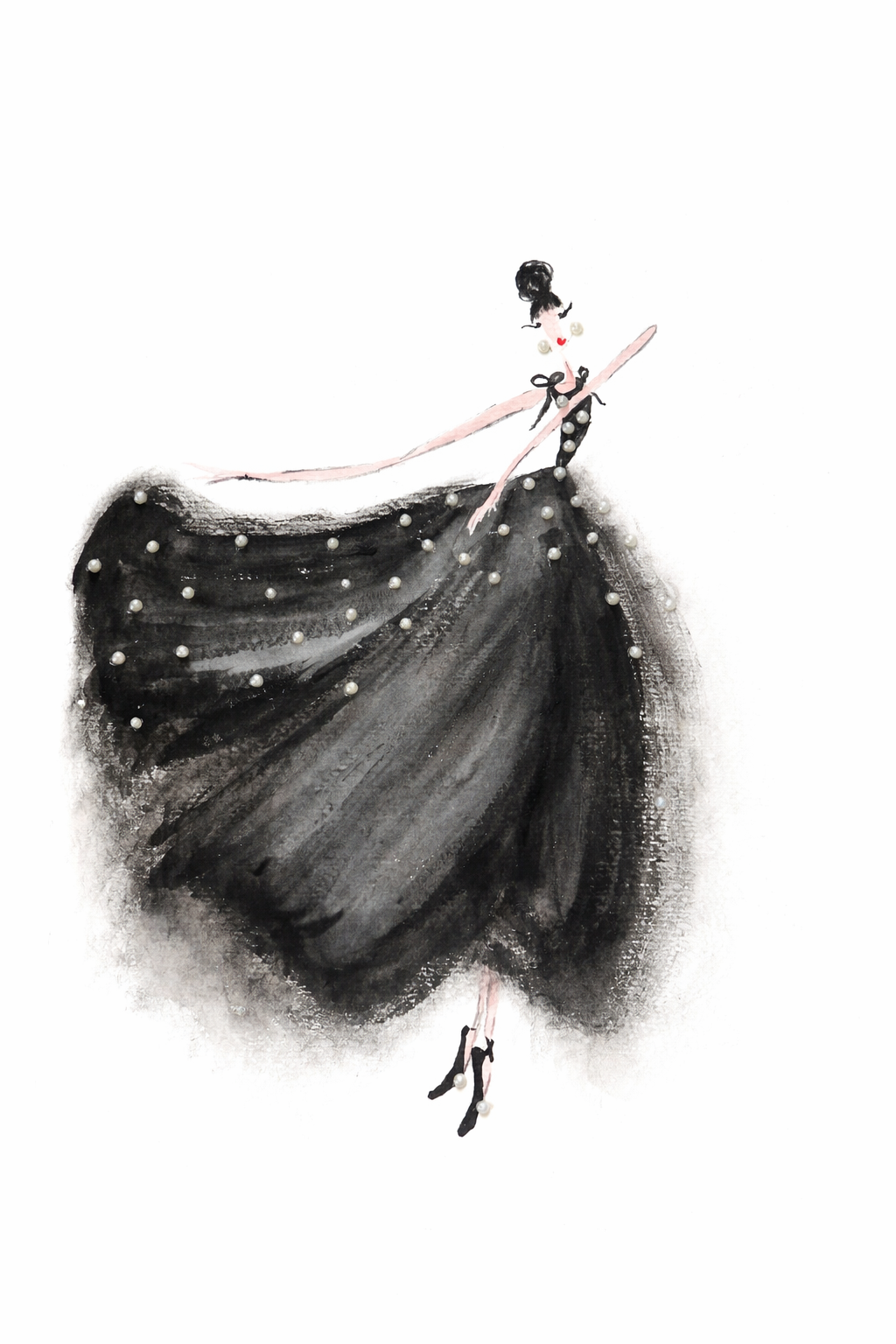 Illustration of a ballerina in a black tutu with white polka dots on a white background