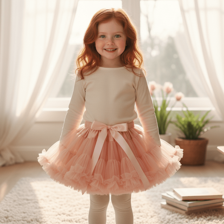 Young girl in a pink tutu dress standing in a softly lit room with plants in the background.