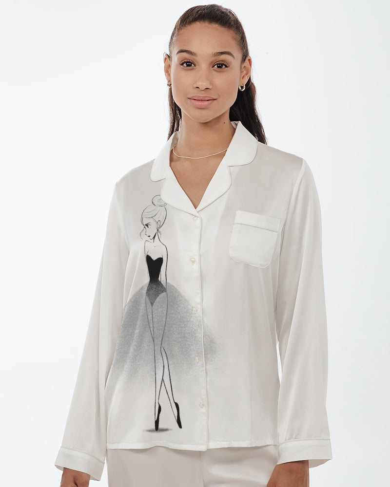 DOLLY® Doodling Ballerina Women's Satin Long Sleeve Pajama Top