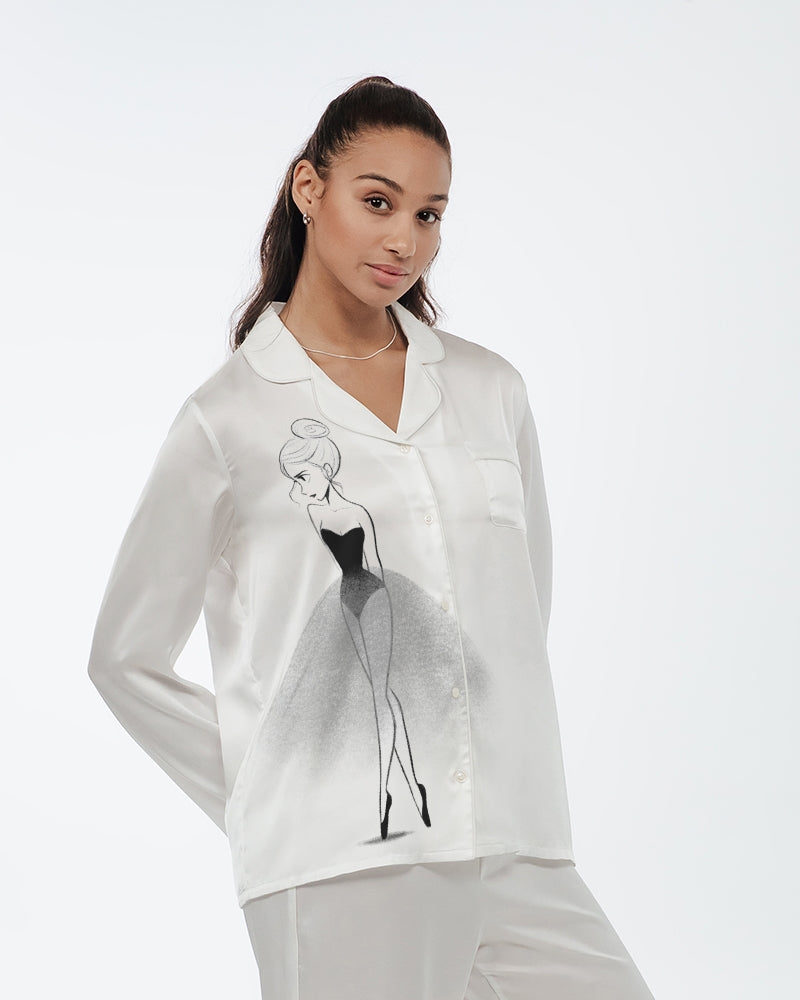 DOLLY® Doodling Ballerina Women's Satin Long Sleeve Pajama Top