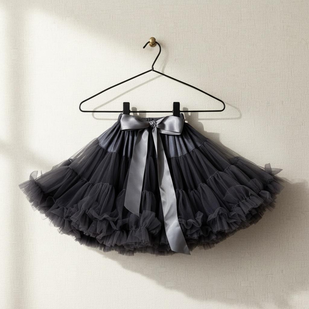 Black tulle skirt with a large bow on a hanger against a white wall