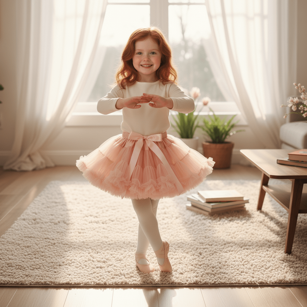 Young girl in a pink tutu standing in a bright room with large windows.