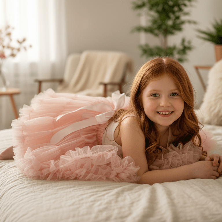 Young girl in a pink dress lying on a bed in a cozy room with plants and furniture.