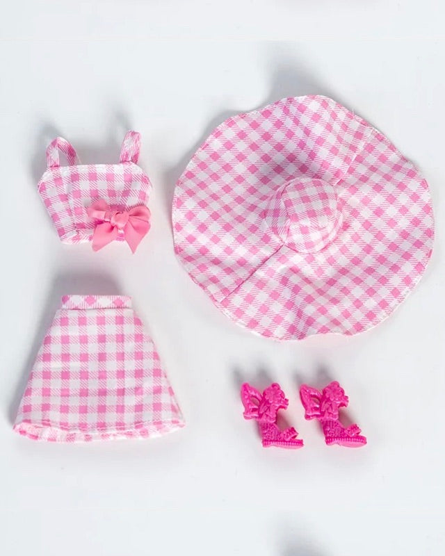 DOLLY® DOLL CLOTHES SET BARBIE MOVIE BEACH PINK CHECKERED SKIRT + TOP + HAT+ SHOES FOR 12 inch 30 cm 1/6 scale fashion dolls